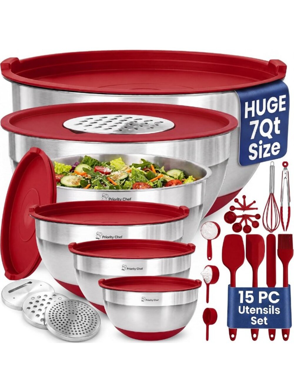 6-Piece Stainless Steel Mixing Bowls Set with Lids, 7 Qt, Graters & Silicone